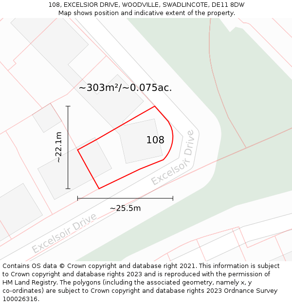 108, EXCELSIOR DRIVE, WOODVILLE, SWADLINCOTE, DE11 8DW: Plot and title map