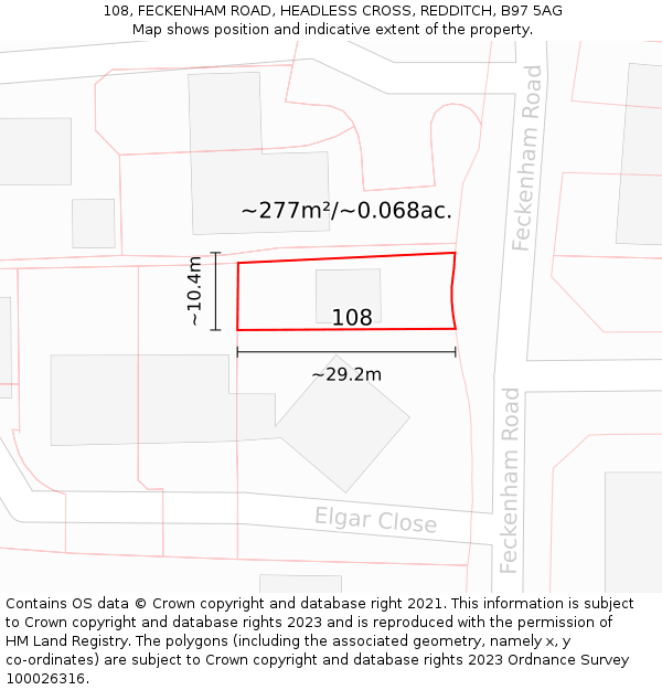 108, FECKENHAM ROAD, HEADLESS CROSS, REDDITCH, B97 5AG: Plot and title map