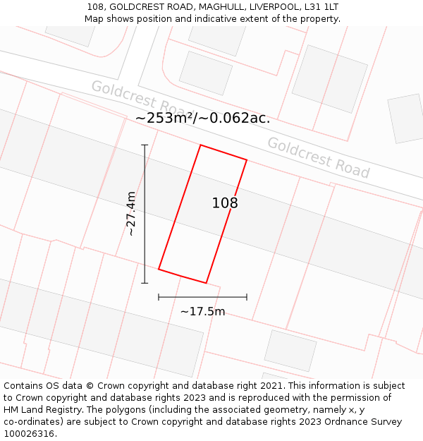 108, GOLDCREST ROAD, MAGHULL, LIVERPOOL, L31 1LT: Plot and title map