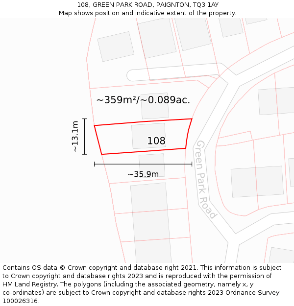 108, GREEN PARK ROAD, PAIGNTON, TQ3 1AY: Plot and title map