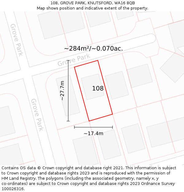 108, GROVE PARK, KNUTSFORD, WA16 8QB: Plot and title map