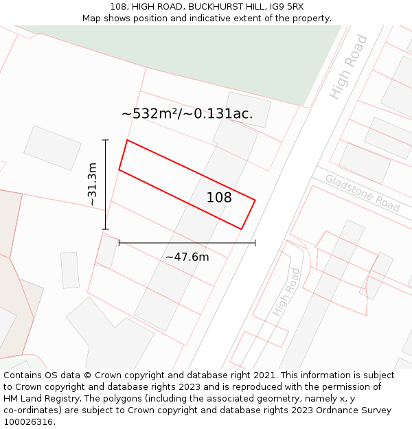 108, HIGH ROAD, BUCKHURST HILL, IG9 5RX: Plot and title map