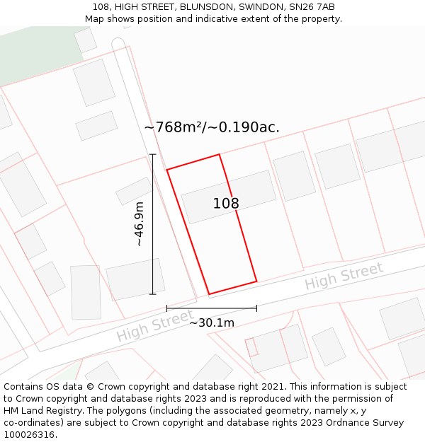 108, HIGH STREET, BLUNSDON, SWINDON, SN26 7AB: Plot and title map