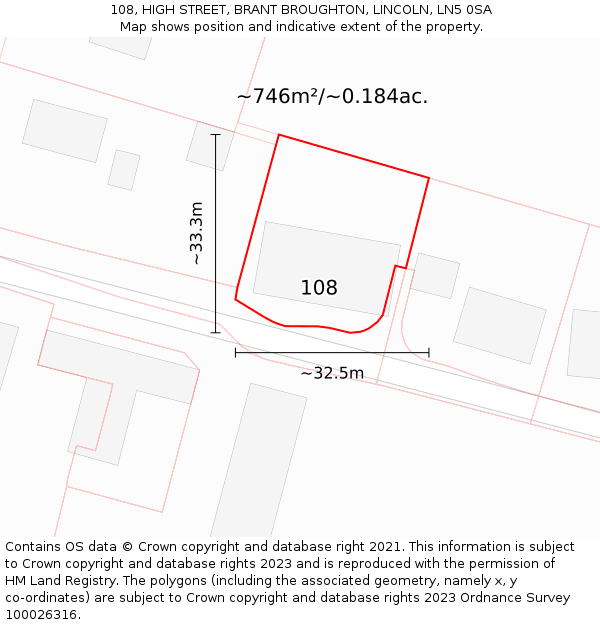 108, HIGH STREET, BRANT BROUGHTON, LINCOLN, LN5 0SA: Plot and title map