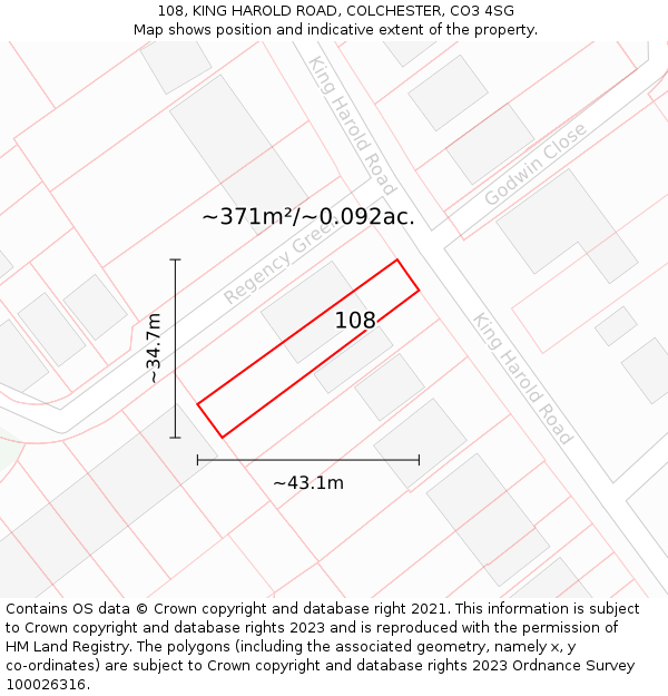 108, KING HAROLD ROAD, COLCHESTER, CO3 4SG: Plot and title map