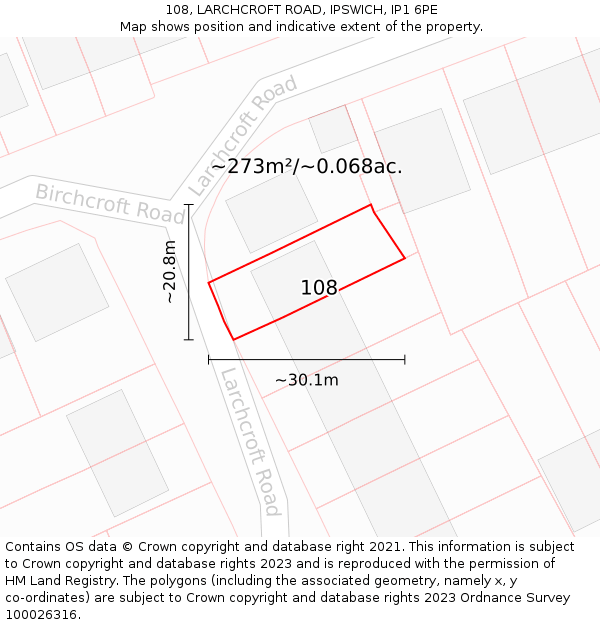 108, LARCHCROFT ROAD, IPSWICH, IP1 6PE: Plot and title map
