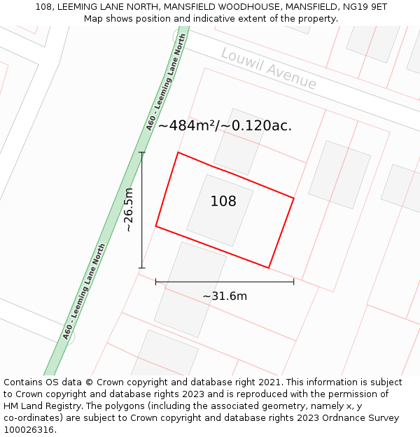 108, LEEMING LANE NORTH, MANSFIELD WOODHOUSE, MANSFIELD, NG19 9ET: Plot and title map