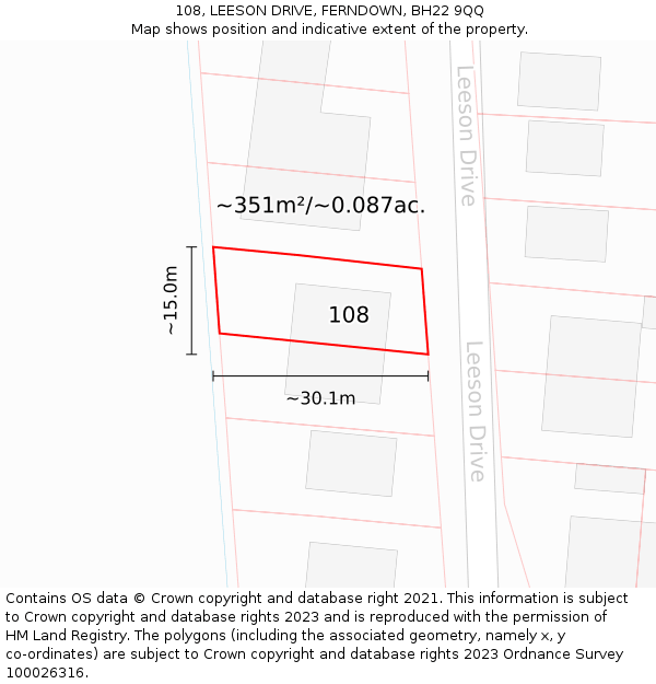 108, LEESON DRIVE, FERNDOWN, BH22 9QQ: Plot and title map