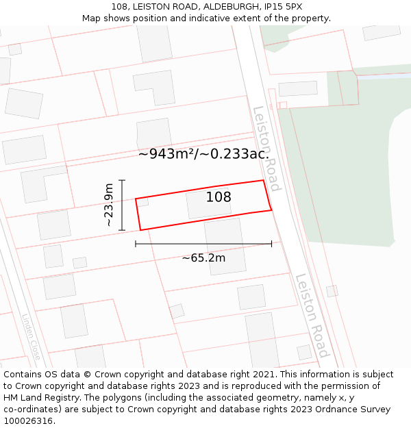 108, LEISTON ROAD, ALDEBURGH, IP15 5PX: Plot and title map