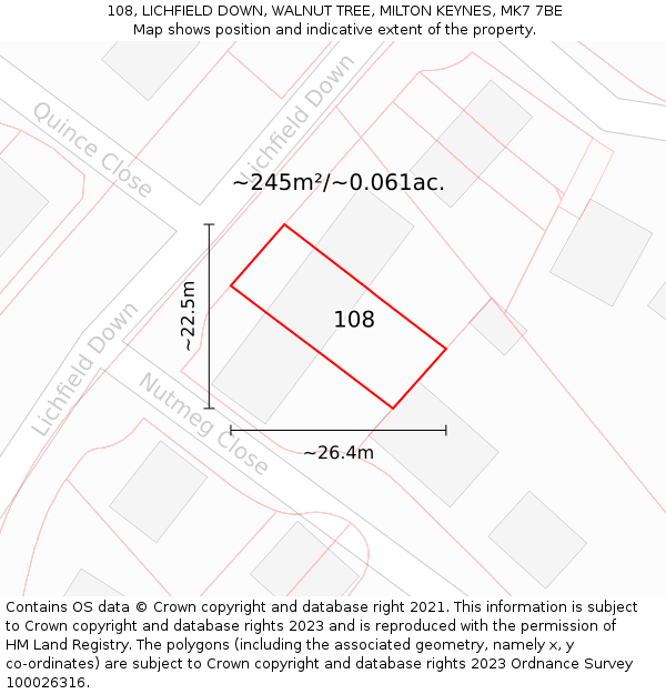 108, LICHFIELD DOWN, WALNUT TREE, MILTON KEYNES, MK7 7BE: Plot and title map