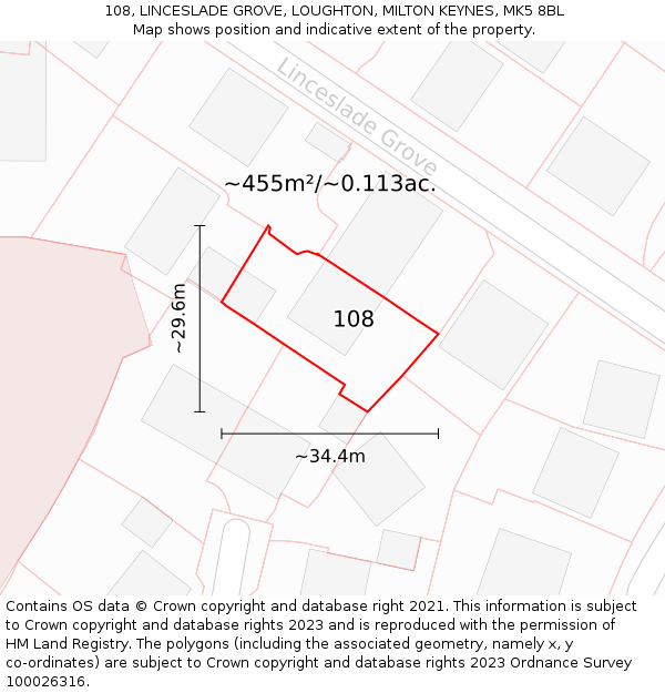 108, LINCESLADE GROVE, LOUGHTON, MILTON KEYNES, MK5 8BL: Plot and title map