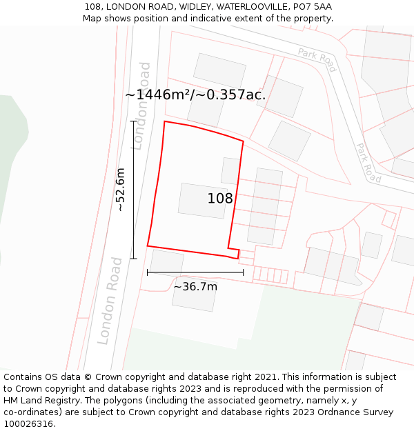 108, LONDON ROAD, WIDLEY, WATERLOOVILLE, PO7 5AA: Plot and title map