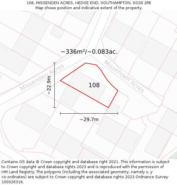 108, MISSENDEN ACRES, HEDGE END, SOUTHAMPTON, SO30 2RE: Plot and title map