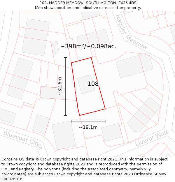 108, NADDER MEADOW, SOUTH MOLTON, EX36 4BS: Plot and title map