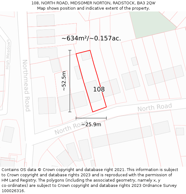 108, NORTH ROAD, MIDSOMER NORTON, RADSTOCK, BA3 2QW: Plot and title map