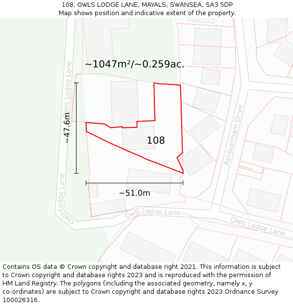 108, OWLS LODGE LANE, MAYALS, SWANSEA, SA3 5DP: Plot and title map