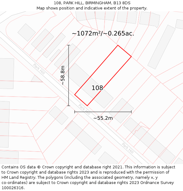 108, PARK HILL, BIRMINGHAM, B13 8DS: Plot and title map