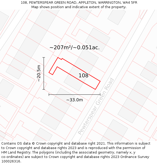 108, PEWTERSPEAR GREEN ROAD, APPLETON, WARRINGTON, WA4 5FR: Plot and title map