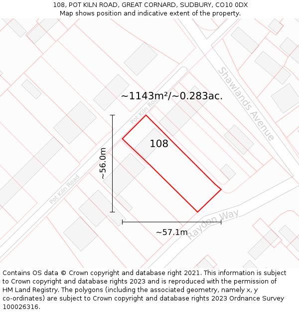 108, POT KILN ROAD, GREAT CORNARD, SUDBURY, CO10 0DX: Plot and title map