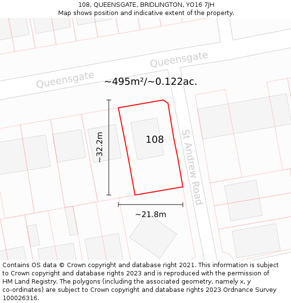 108, QUEENSGATE, BRIDLINGTON, YO16 7JH: Plot and title map