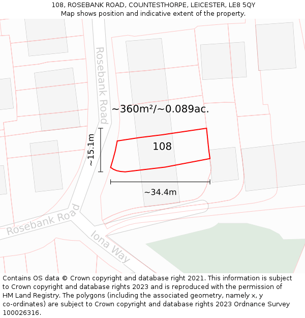 108, ROSEBANK ROAD, COUNTESTHORPE, LEICESTER, LE8 5QY: Plot and title map