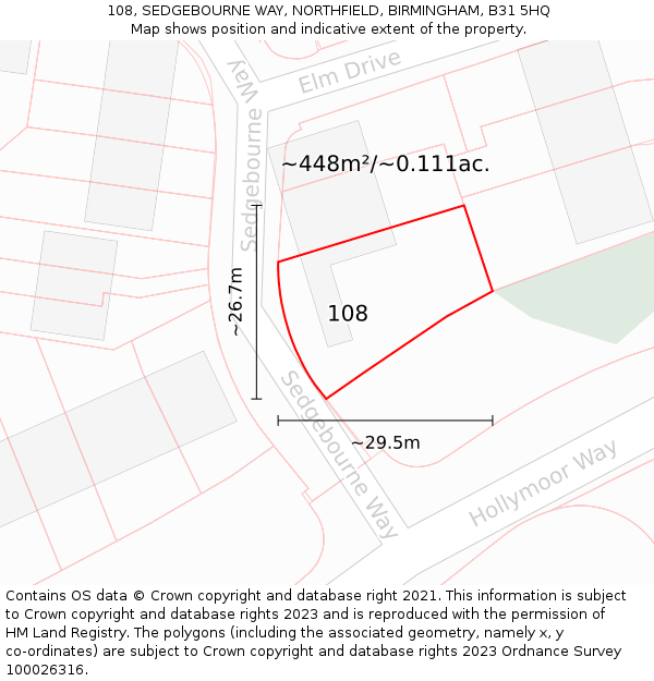 108, SEDGEBOURNE WAY, NORTHFIELD, BIRMINGHAM, B31 5HQ: Plot and title map