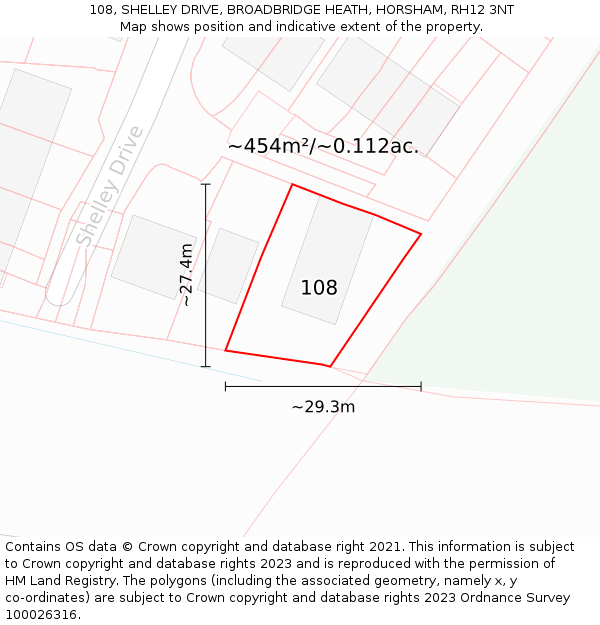 108, SHELLEY DRIVE, BROADBRIDGE HEATH, HORSHAM, RH12 3NT: Plot and title map