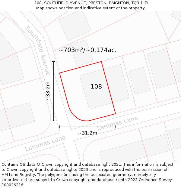 108, SOUTHFIELD AVENUE, PRESTON, PAIGNTON, TQ3 1LD: Plot and title map