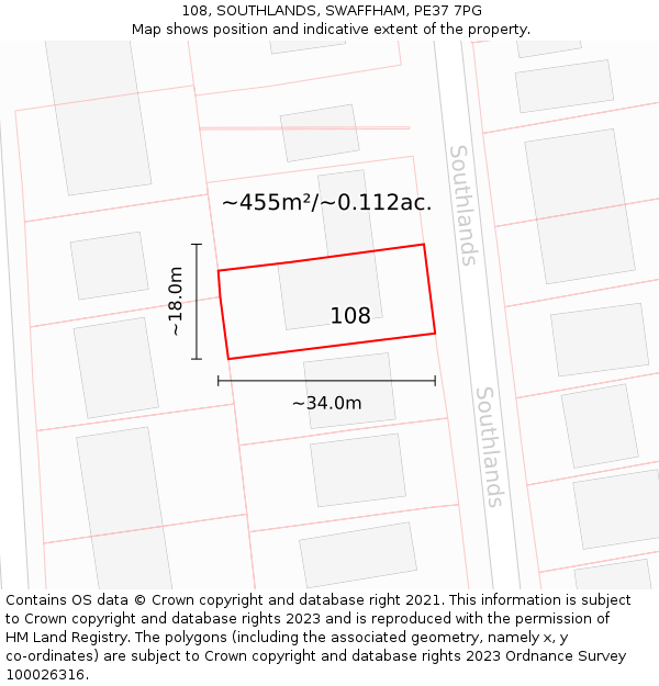 108, SOUTHLANDS, SWAFFHAM, PE37 7PG: Plot and title map