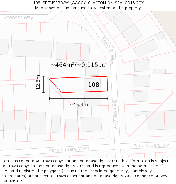 108, SPENSER WAY, JAYWICK, CLACTON-ON-SEA, CO15 2QX: Plot and title map