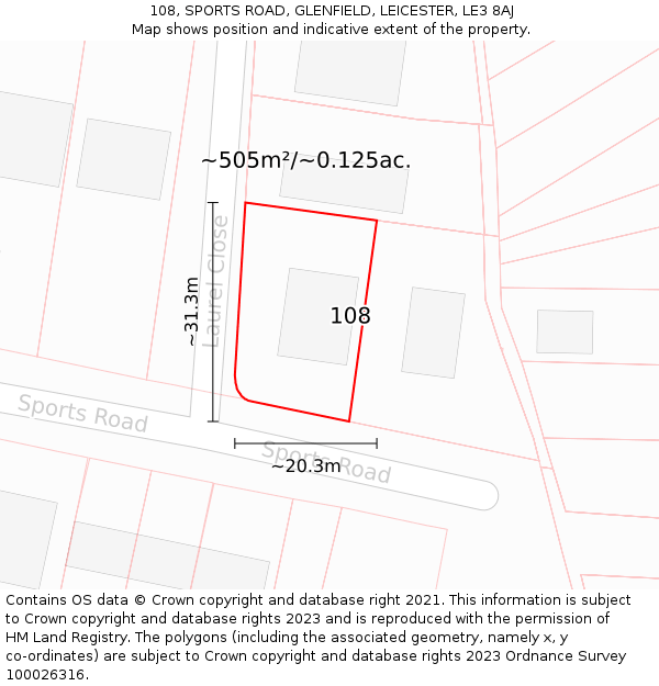 108, SPORTS ROAD, GLENFIELD, LEICESTER, LE3 8AJ: Plot and title map