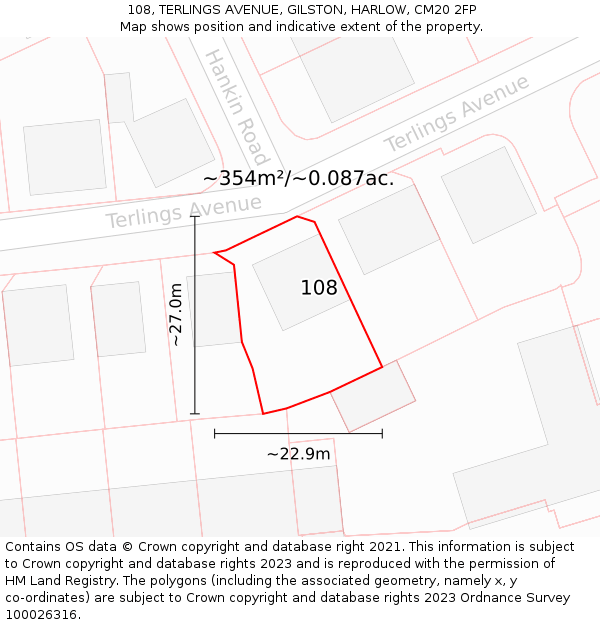 108, TERLINGS AVENUE, GILSTON, HARLOW, CM20 2FP: Plot and title map