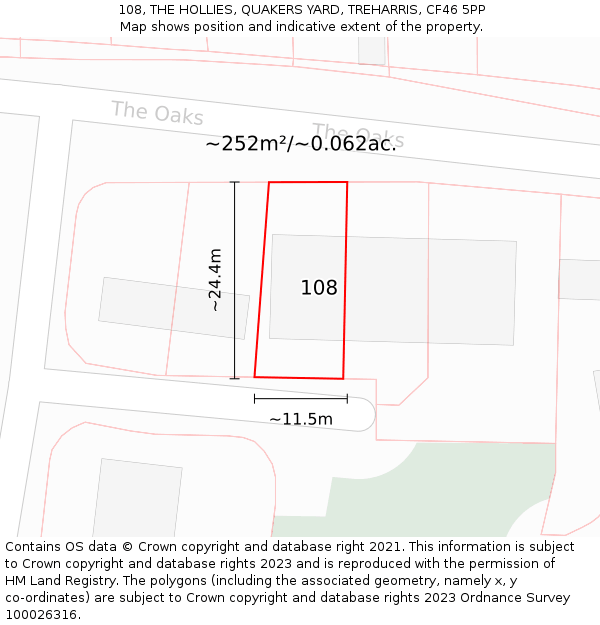 108, THE HOLLIES, QUAKERS YARD, TREHARRIS, CF46 5PP: Plot and title map