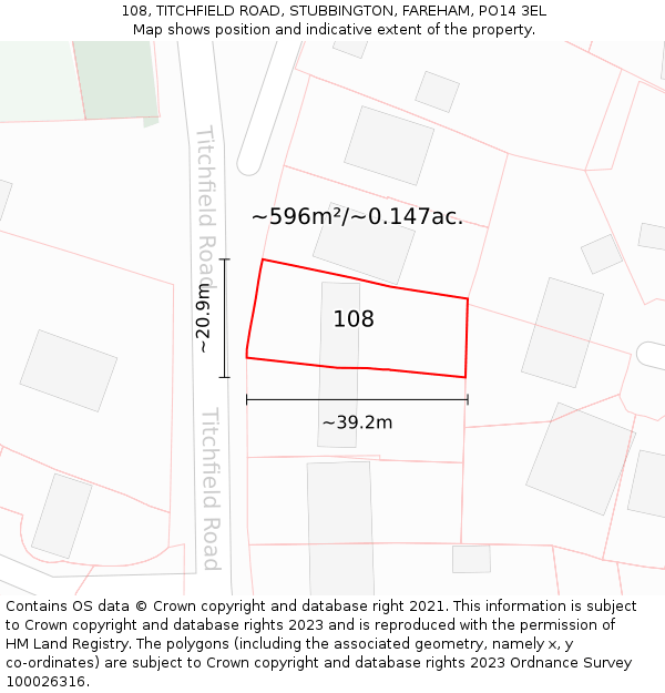 108, TITCHFIELD ROAD, STUBBINGTON, FAREHAM, PO14 3EL: Plot and title map