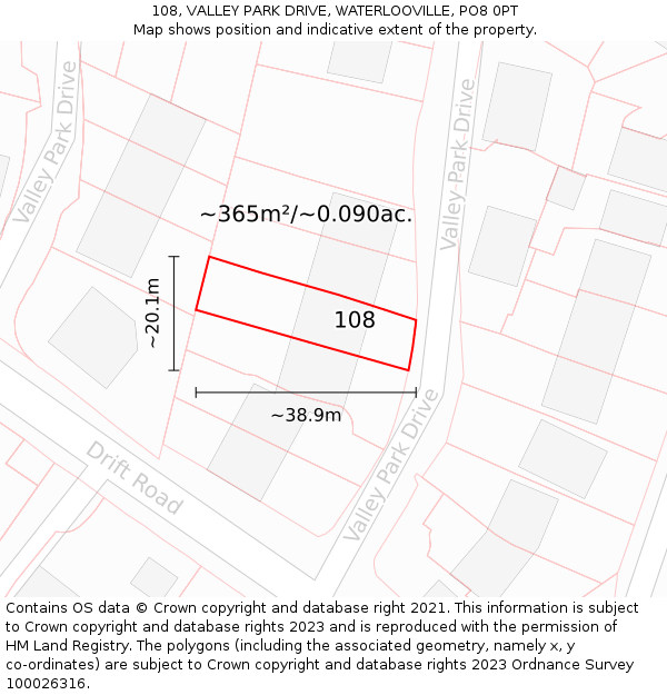 108, VALLEY PARK DRIVE, WATERLOOVILLE, PO8 0PT: Plot and title map