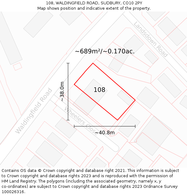 108, WALDINGFIELD ROAD, SUDBURY, CO10 2PY: Plot and title map