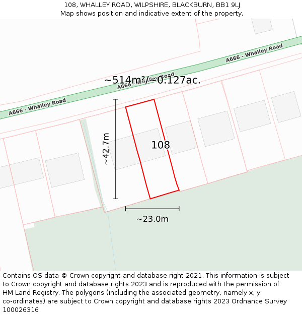 108, WHALLEY ROAD, WILPSHIRE, BLACKBURN, BB1 9LJ: Plot and title map