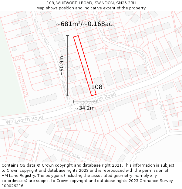 108, WHITWORTH ROAD, SWINDON, SN25 3BH: Plot and title map