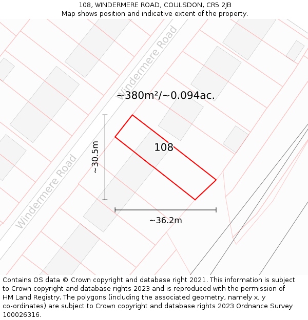 108, WINDERMERE ROAD, COULSDON, CR5 2JB: Plot and title map