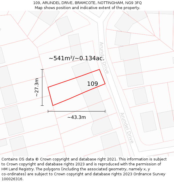 109, ARUNDEL DRIVE, BRAMCOTE, NOTTINGHAM, NG9 3FQ: Plot and title map