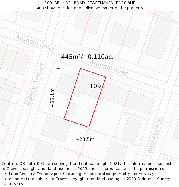 109, ARUNDEL ROAD, PEACEHAVEN, BN10 8HE: Plot and title map