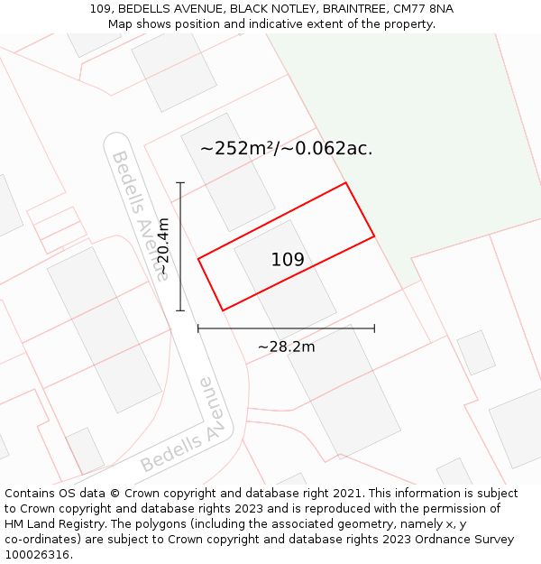 109, BEDELLS AVENUE, BLACK NOTLEY, BRAINTREE, CM77 8NA: Plot and title map