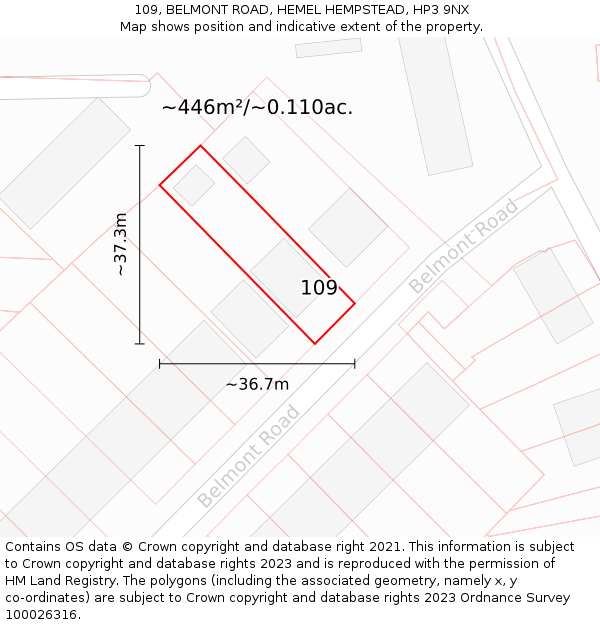 109, BELMONT ROAD, HEMEL HEMPSTEAD, HP3 9NX: Plot and title map