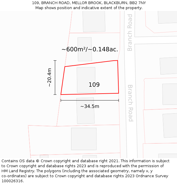 109, BRANCH ROAD, MELLOR BROOK, BLACKBURN, BB2 7NY: Plot and title map