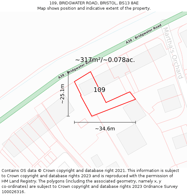 109, BRIDGWATER ROAD, BRISTOL, BS13 8AE: Plot and title map