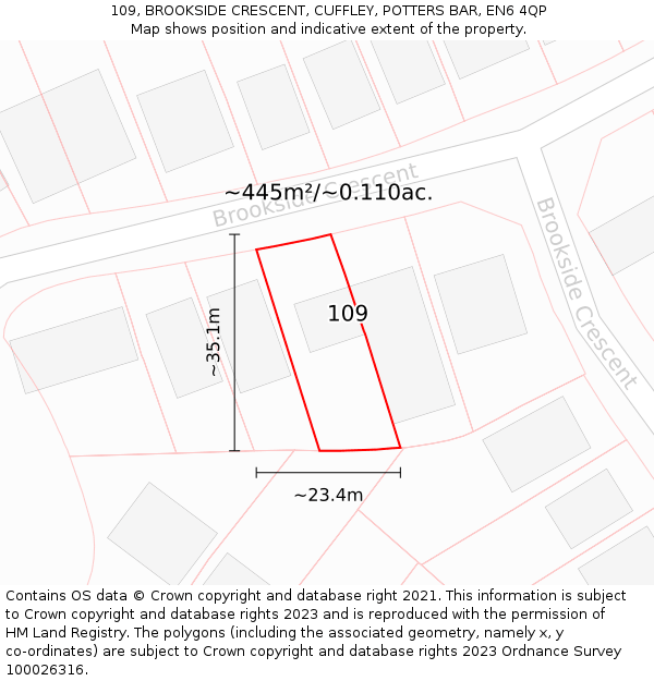 109, BROOKSIDE CRESCENT, CUFFLEY, POTTERS BAR, EN6 4QP: Plot and title map