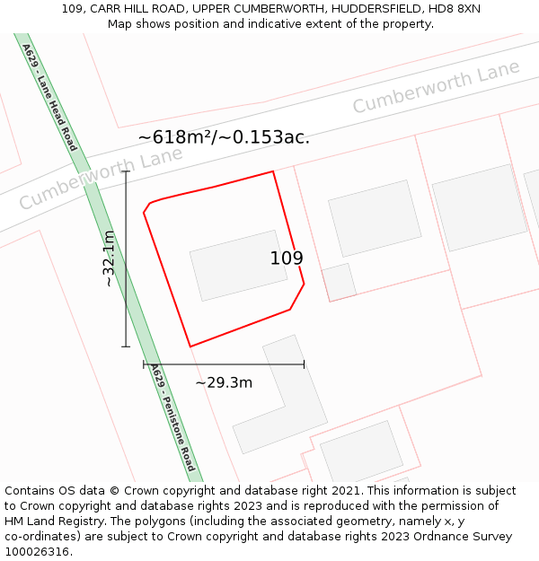 109, CARR HILL ROAD, UPPER CUMBERWORTH, HUDDERSFIELD, HD8 8XN: Plot and title map