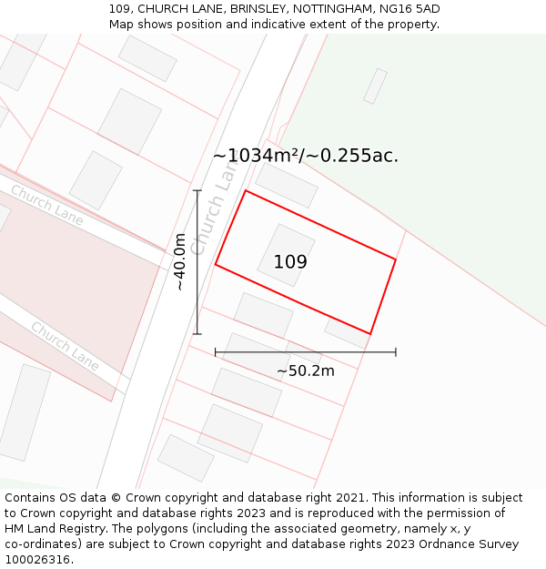 109, CHURCH LANE, BRINSLEY, NOTTINGHAM, NG16 5AD: Plot and title map