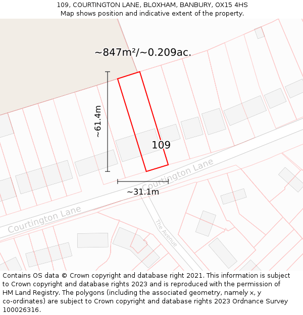 109, COURTINGTON LANE, BLOXHAM, BANBURY, OX15 4HS: Plot and title map