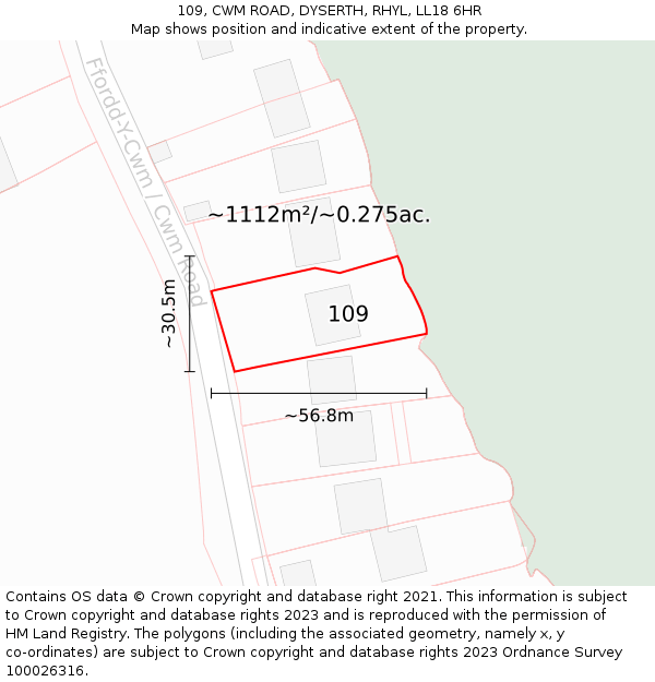 109, CWM ROAD, DYSERTH, RHYL, LL18 6HR: Plot and title map